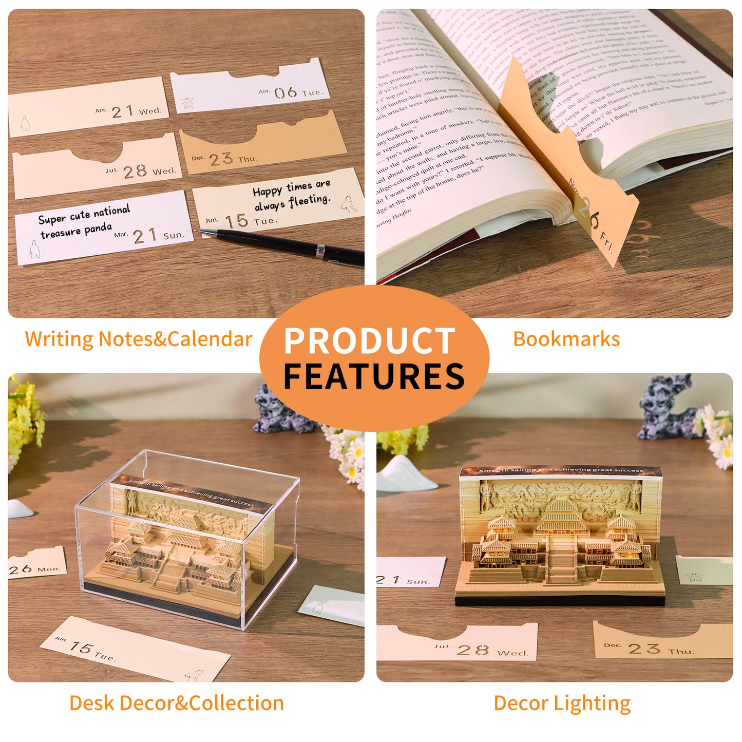 War Horse&Ancient Architecture Double Side Hand Tear off 3D Calendar Memo Pad With Light
