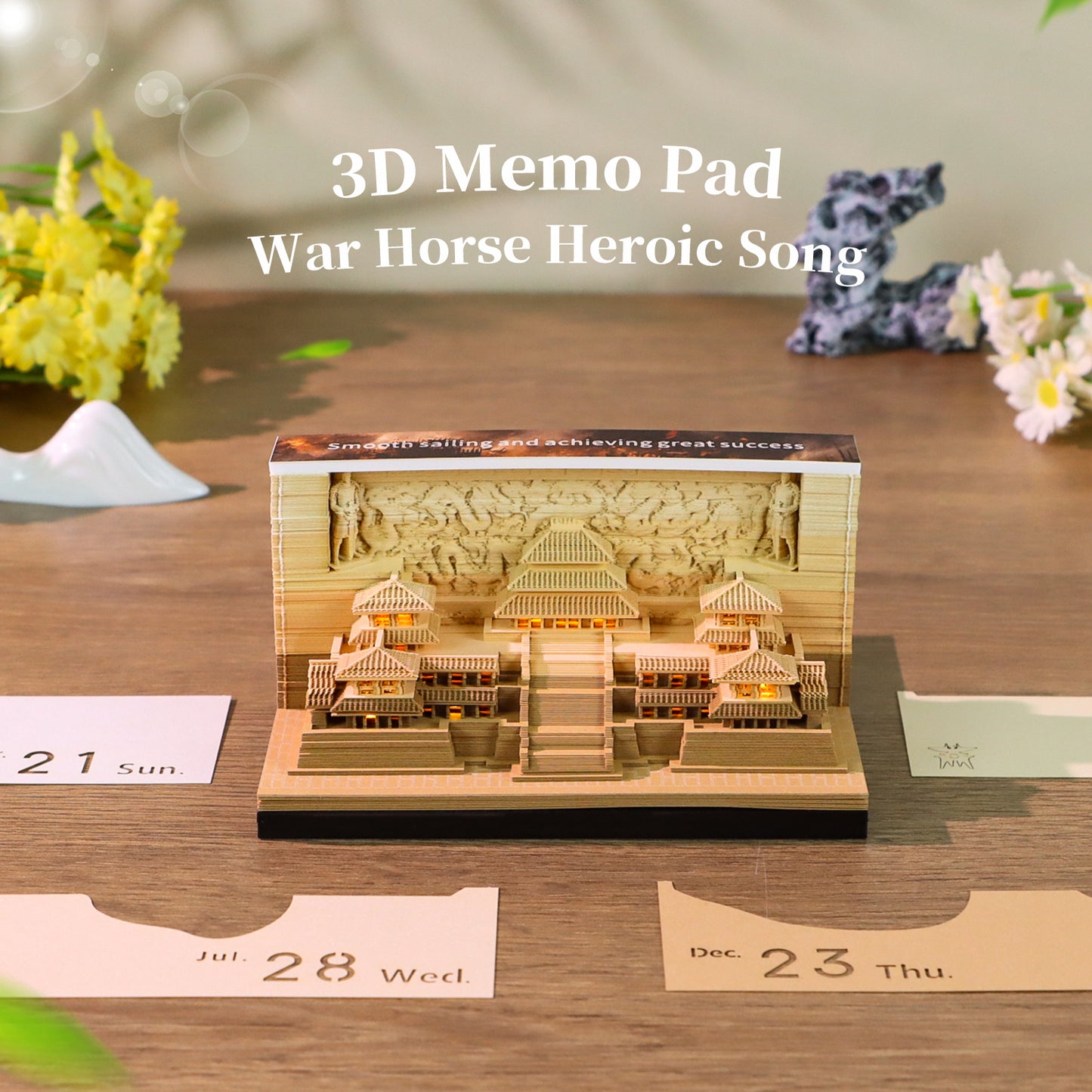 War Horse&Ancient Architecture Double Side Hand Tear off 3D Calendar Memo Pad With Light