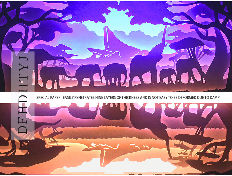 The horse Elephant Mount Fuji Paper Cut Carved Light Box with Led Light