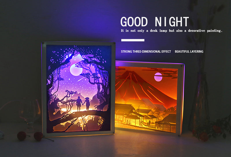 The horse Elephant Mount Fuji Paper Cut Carved Light Box with Led Light