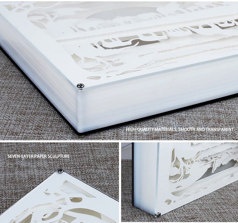 The horse Elephant Mount Fuji Paper Cut Carved Light Box with Led Light