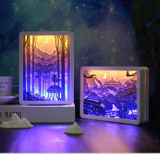 Blue and Yellow Style Paper Cut Carved Light Box with Led Light