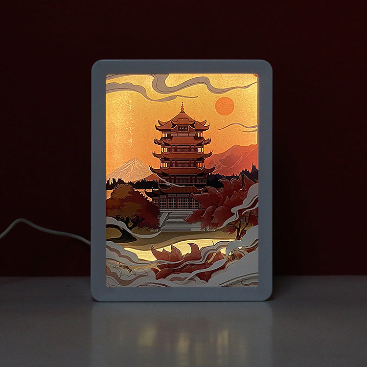 The Yellow Crane Tower Paper Cut Carved Light Box with Led Light