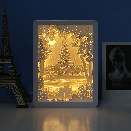 Eiffel Tower Paper Cut Carved Light Box with Led Light