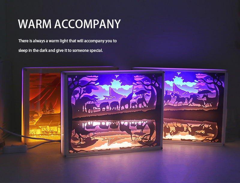 The horse Elephant Mount Fuji Paper Cut Carved Light Box with Led Light