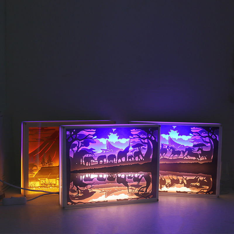 The horse Elephant Mount Fuji Paper Cut Carved Light Box with Led Light