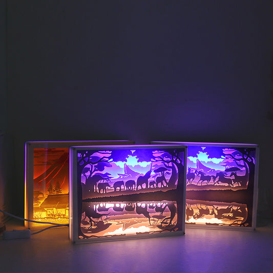 The horse Elephant Mount Fuji Paper Cut Carved Light Box with Led Light