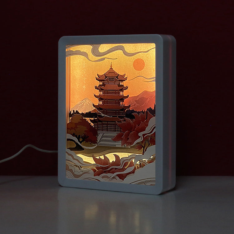 The Yellow Crane Tower Paper Cut Carved Light Box with Led Light