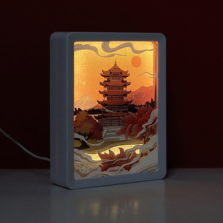 The Yellow Crane Tower Paper Cut Carved Light Box with Led Light