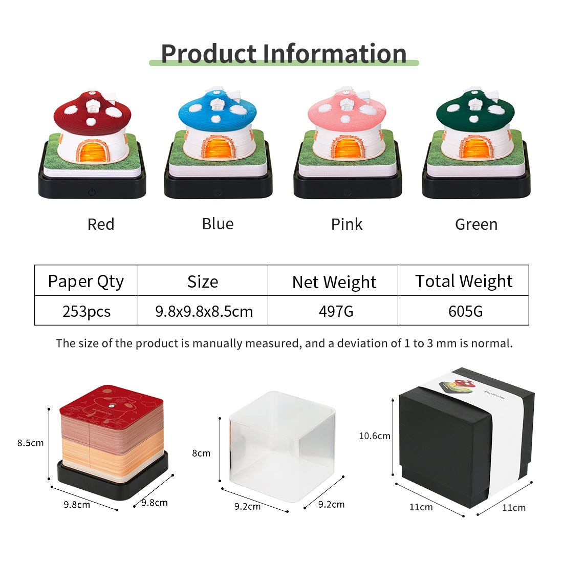 Mushroom Model Hand Tear off 3D Calendar Memo Pad With Light