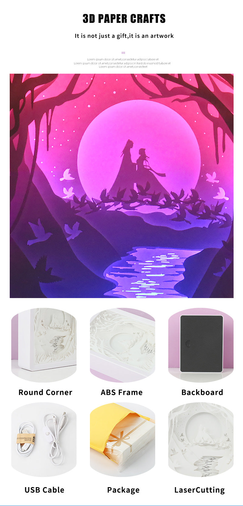 Love or Tanabata Paper Carved Light Box with Led Light