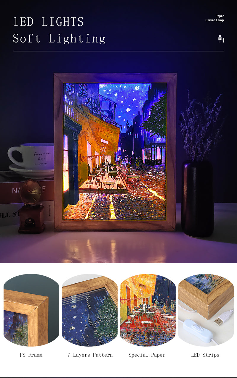 Van Gogh Cafe Paper Cut Carved Light Box with Led Light