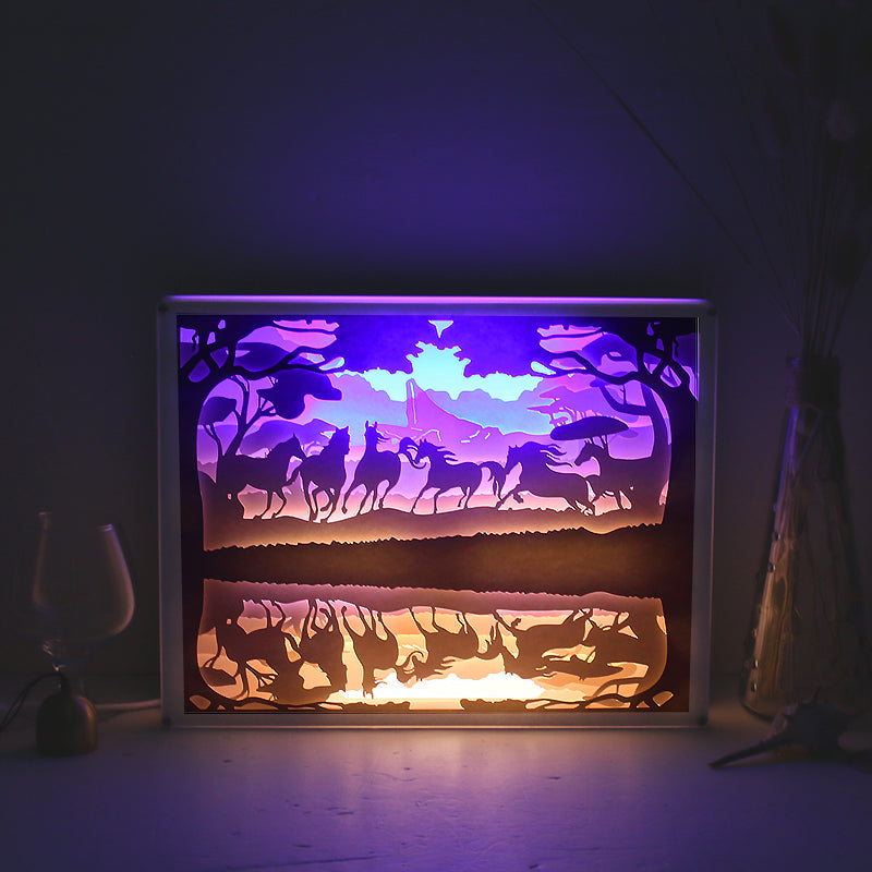 The horse Elephant Mount Fuji Paper Cut Carved Light Box with Led Light