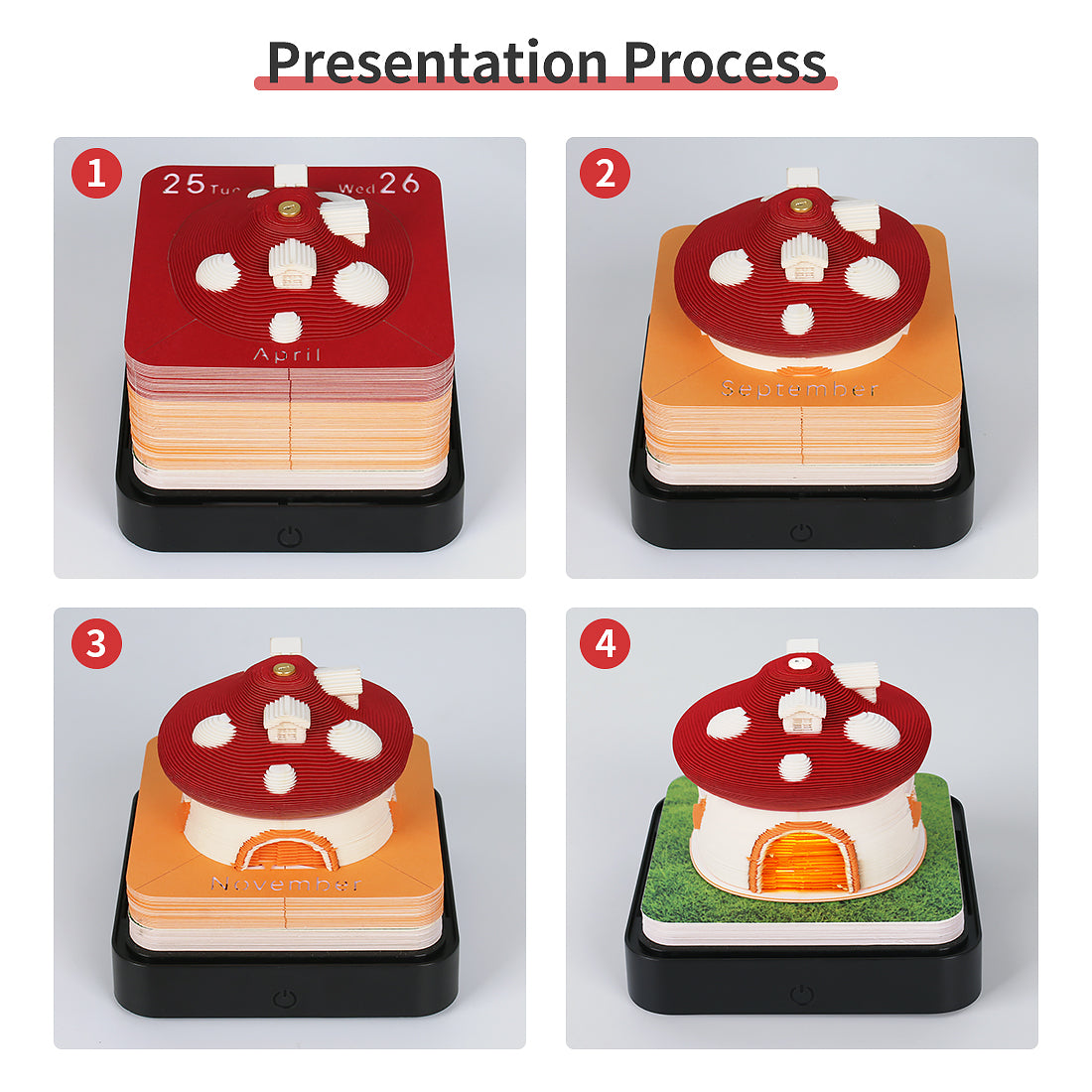 Mushroom Model Hand Tear off 3D Calendar Memo Pad With Light